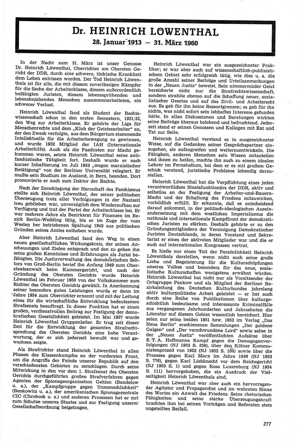 Neue Justiz (NJ), Zeitschrift für Recht und Rechtswissenschaft [Deutsche Demokratische Republik (DDR)], 14. Jahrgang 1960, Seite 277 (NJ DDR 1960, S. 277)