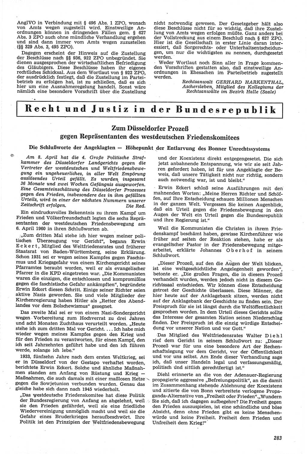 Neue Justiz (NJ), Zeitschrift für Recht und Rechtswissenschaft [Deutsche Demokratische Republik (DDR)], 14. Jahrgang 1960, Seite 283 (NJ DDR 1960, S. 283)