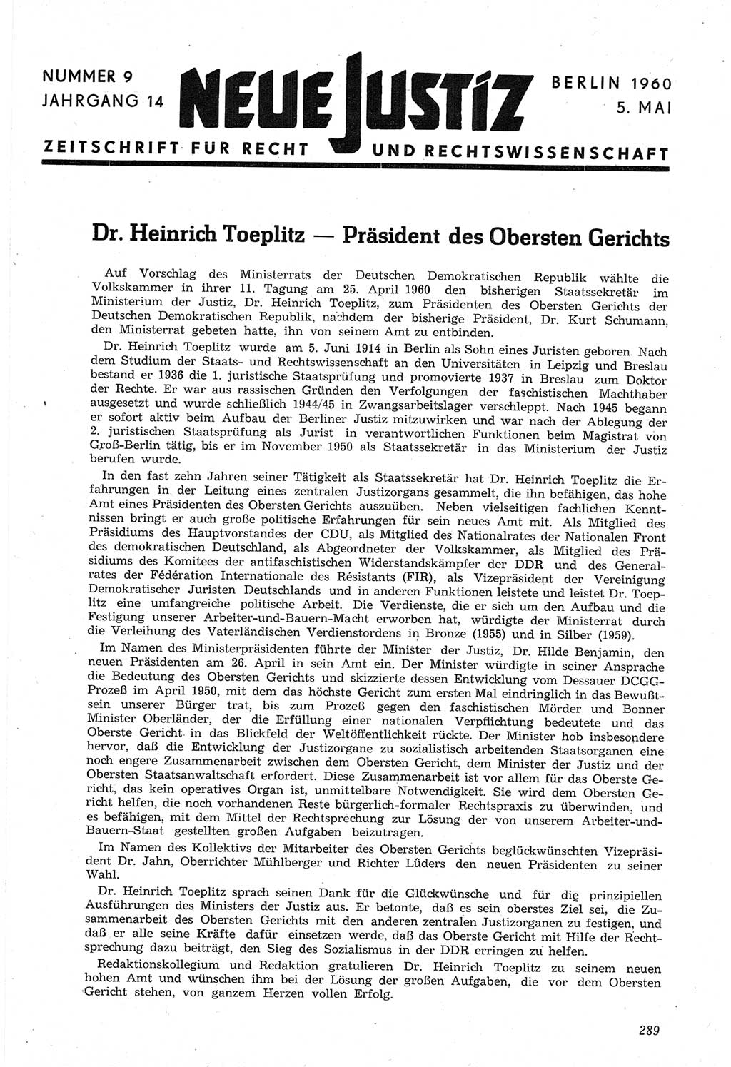 Neue Justiz (NJ), Zeitschrift für Recht und Rechtswissenschaft [Deutsche Demokratische Republik (DDR)], 14. Jahrgang 1960, Seite 289 (NJ DDR 1960, S. 289)