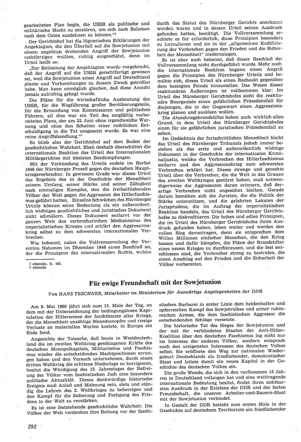 Neue Justiz (NJ), Zeitschrift für Recht und Rechtswissenschaft [Deutsche Demokratische Republik (DDR)], 14. Jahrgang 1960, Seite 292 (NJ DDR 1960, S. 292)