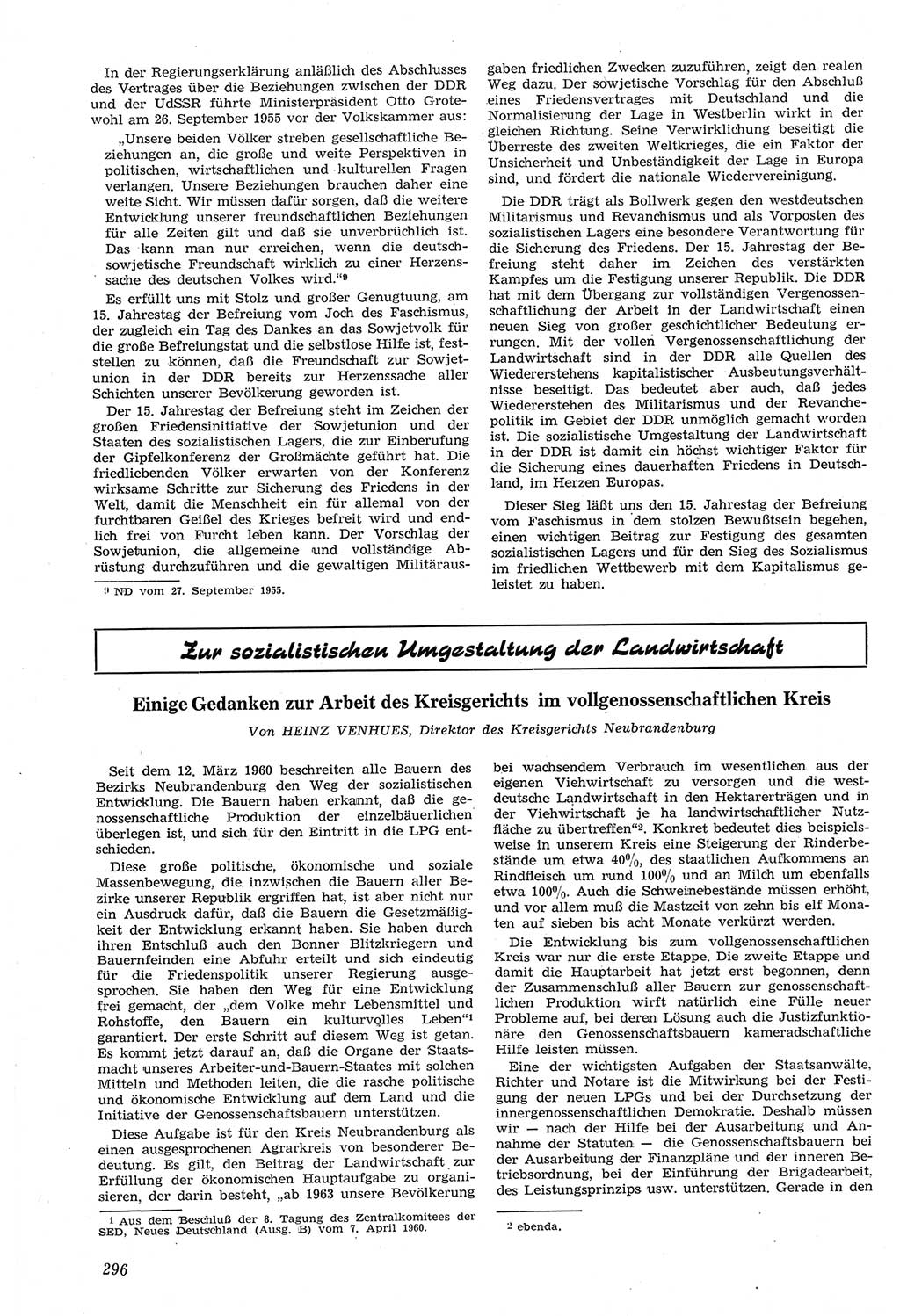 Neue Justiz (NJ), Zeitschrift für Recht und Rechtswissenschaft [Deutsche Demokratische Republik (DDR)], 14. Jahrgang 1960, Seite 296 (NJ DDR 1960, S. 296)