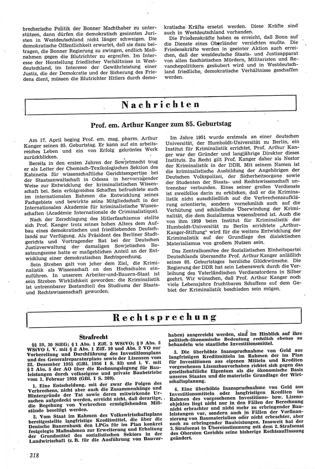 Neue Justiz (NJ), Zeitschrift für Recht und Rechtswissenschaft [Deutsche Demokratische Republik (DDR)], 14. Jahrgang 1960, Seite 318 (NJ DDR 1960, S. 318)