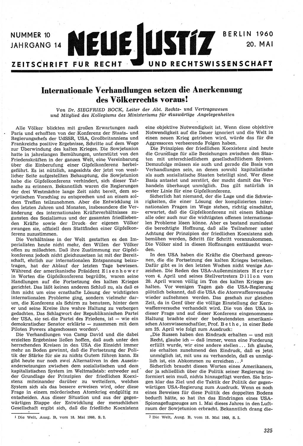 Neue Justiz (NJ), Zeitschrift für Recht und Rechtswissenschaft [Deutsche Demokratische Republik (DDR)], 14. Jahrgang 1960, Seite 325 (NJ DDR 1960, S. 325)