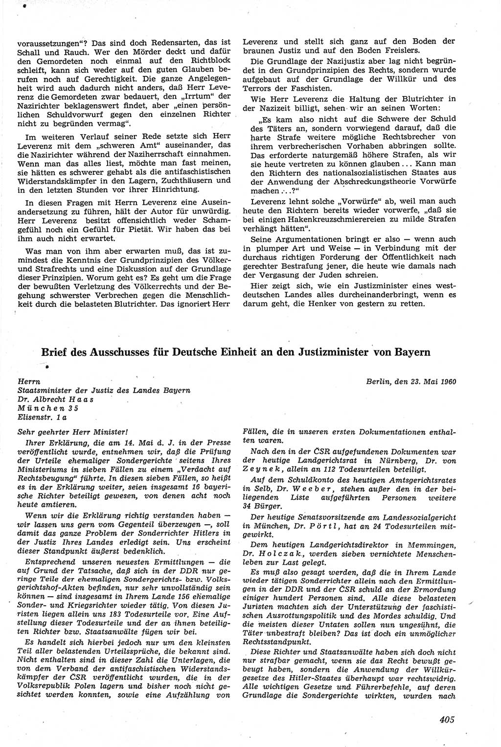 Neue Justiz (NJ), Zeitschrift für Recht und Rechtswissenschaft [Deutsche Demokratische Republik (DDR)], 14. Jahrgang 1960, Seite 405 (NJ DDR 1960, S. 405)