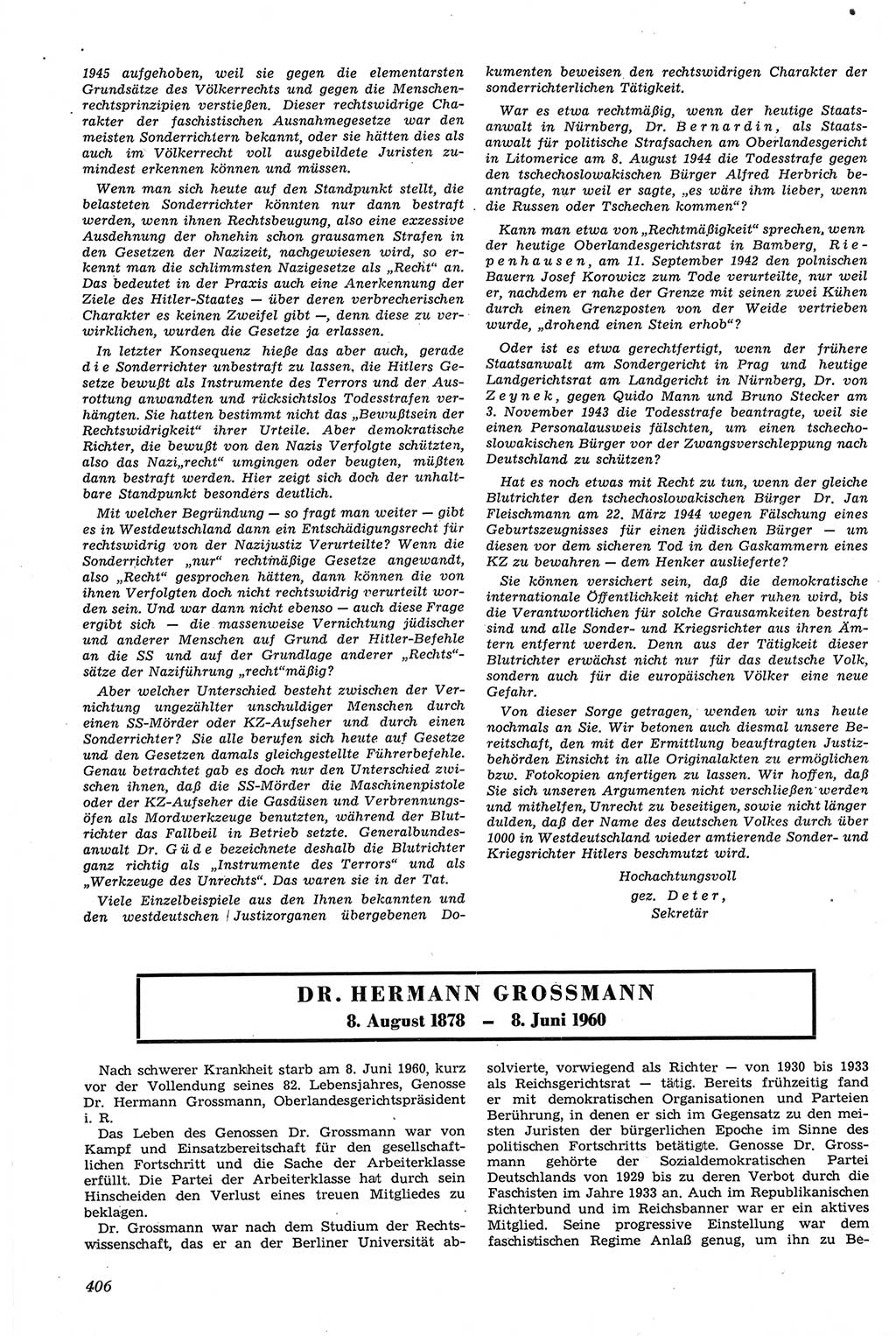 Neue Justiz (NJ), Zeitschrift für Recht und Rechtswissenschaft [Deutsche Demokratische Republik (DDR)], 14. Jahrgang 1960, Seite 406 (NJ DDR 1960, S. 406)
