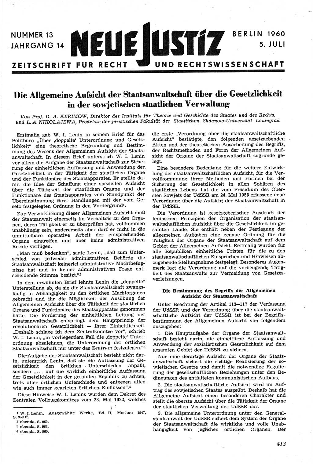 Neue Justiz (NJ), Zeitschrift für Recht und Rechtswissenschaft [Deutsche Demokratische Republik (DDR)], 14. Jahrgang 1960, Seite 413 (NJ DDR 1960, S. 413)