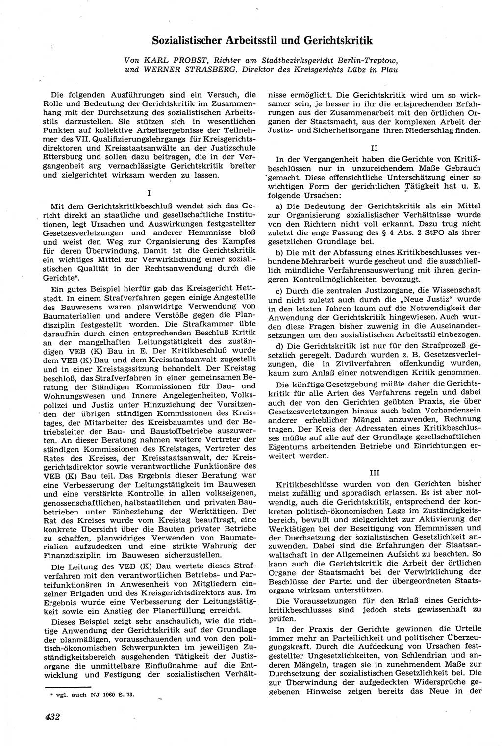 Neue Justiz (NJ), Zeitschrift für Recht und Rechtswissenschaft [Deutsche Demokratische Republik (DDR)], 14. Jahrgang 1960, Seite 432 (NJ DDR 1960, S. 432)