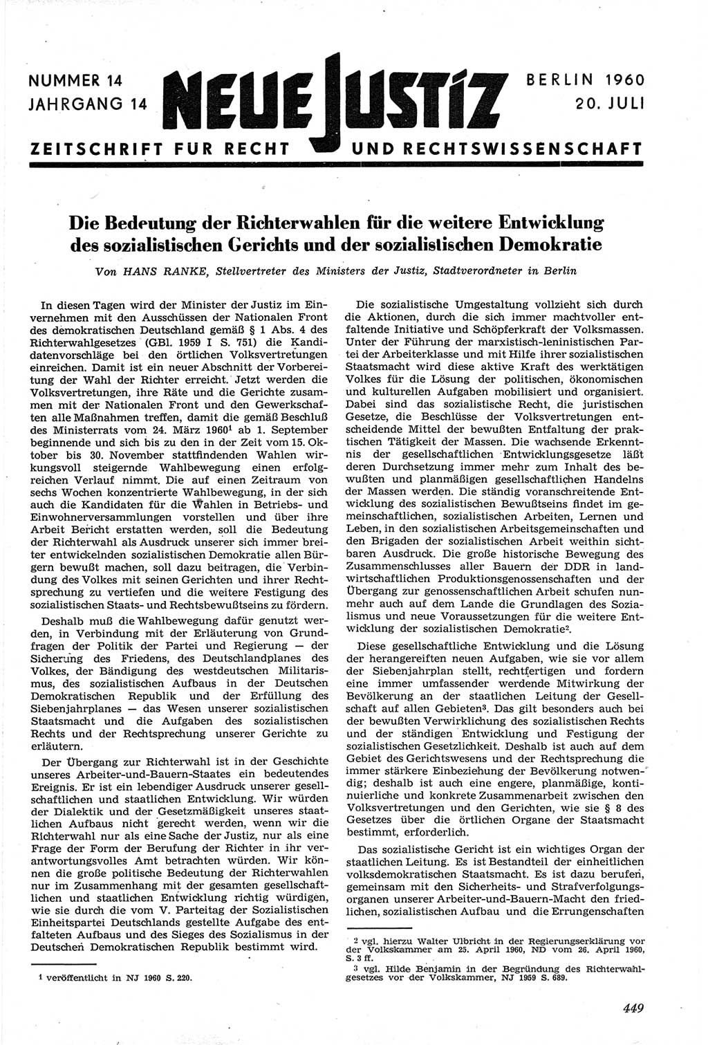 Neue Justiz (NJ), Zeitschrift für Recht und Rechtswissenschaft [Deutsche Demokratische Republik (DDR)], 14. Jahrgang 1960, Seite 449 (NJ DDR 1960, S. 449)