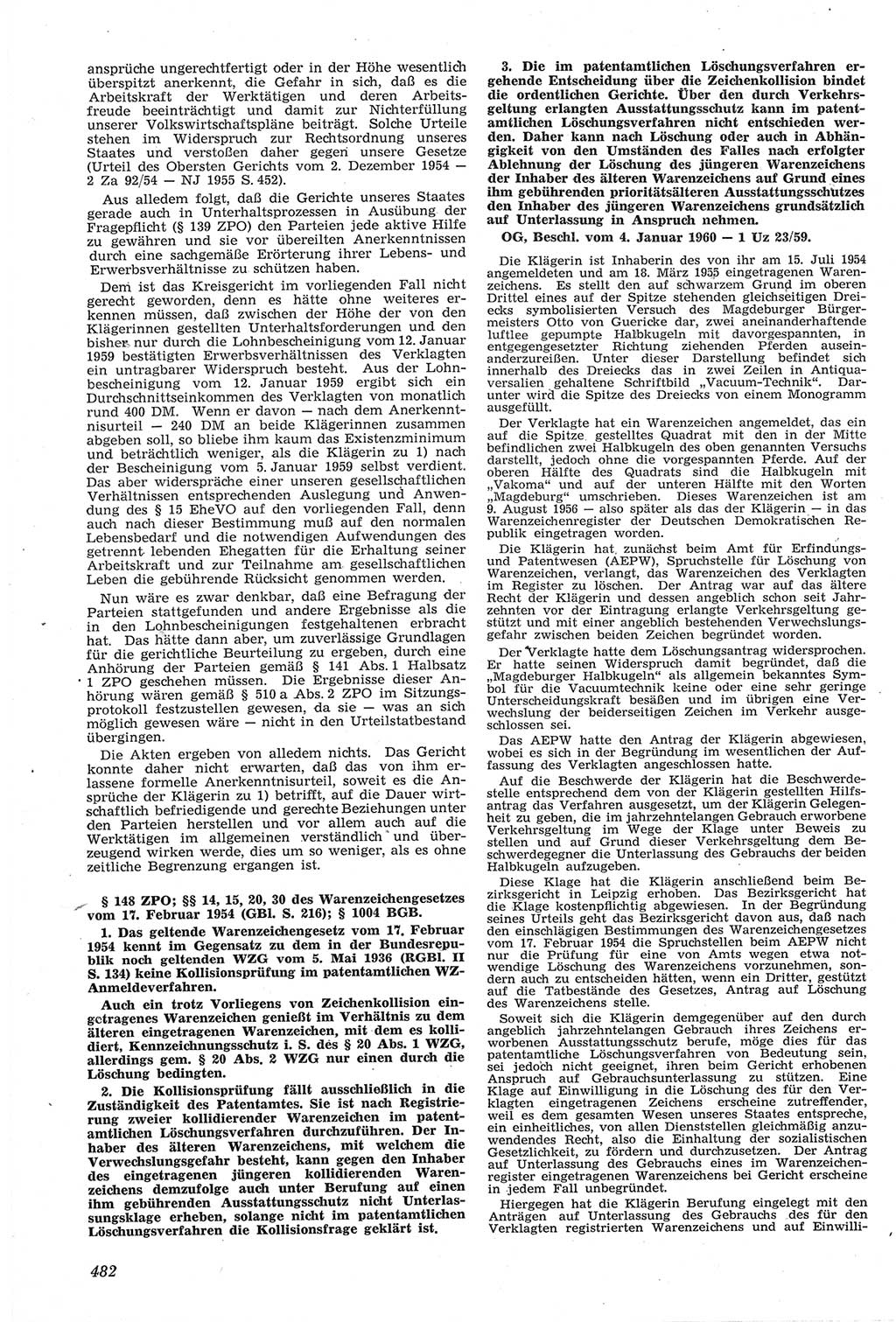 Neue Justiz (NJ), Zeitschrift für Recht und Rechtswissenschaft [Deutsche Demokratische Republik (DDR)], 14. Jahrgang 1960, Seite 482 (NJ DDR 1960, S. 482)