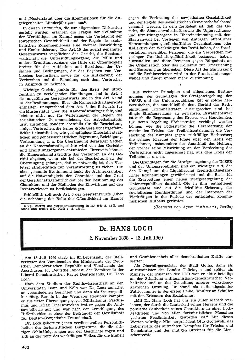 Neue Justiz (NJ), Zeitschrift für Recht und Rechtswissenschaft [Deutsche Demokratische Republik (DDR)], 14. Jahrgang 1960, Seite 492 (NJ DDR 1960, S. 492)