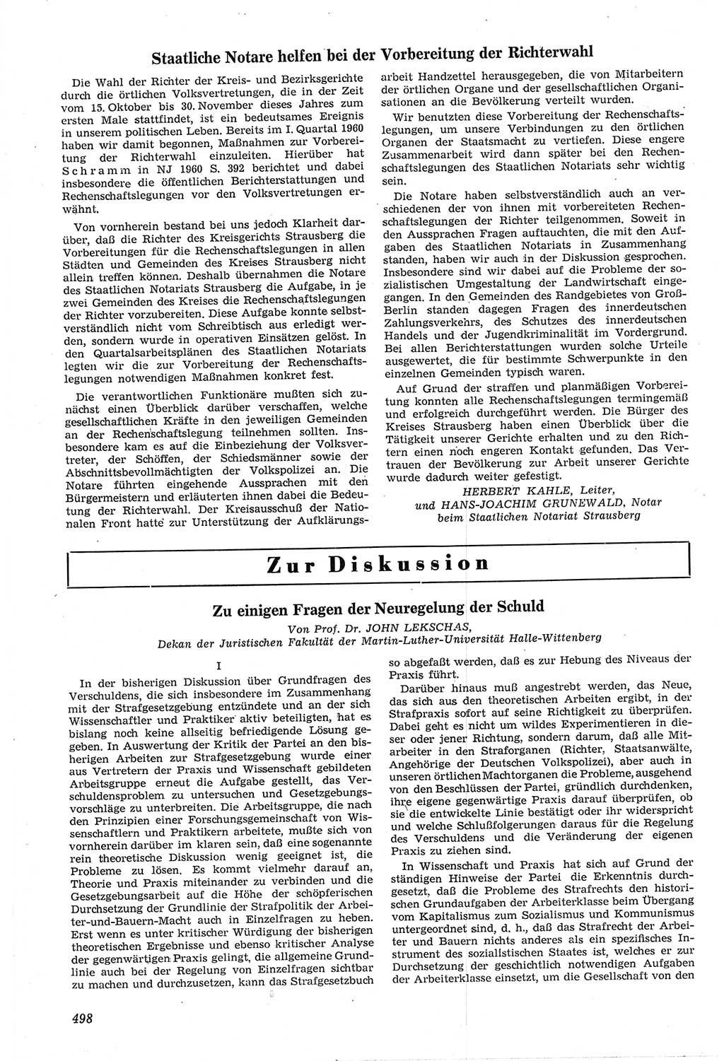 Neue Justiz (NJ), Zeitschrift für Recht und Rechtswissenschaft [Deutsche Demokratische Republik (DDR)], 14. Jahrgang 1960, Seite 498 (NJ DDR 1960, S. 498)