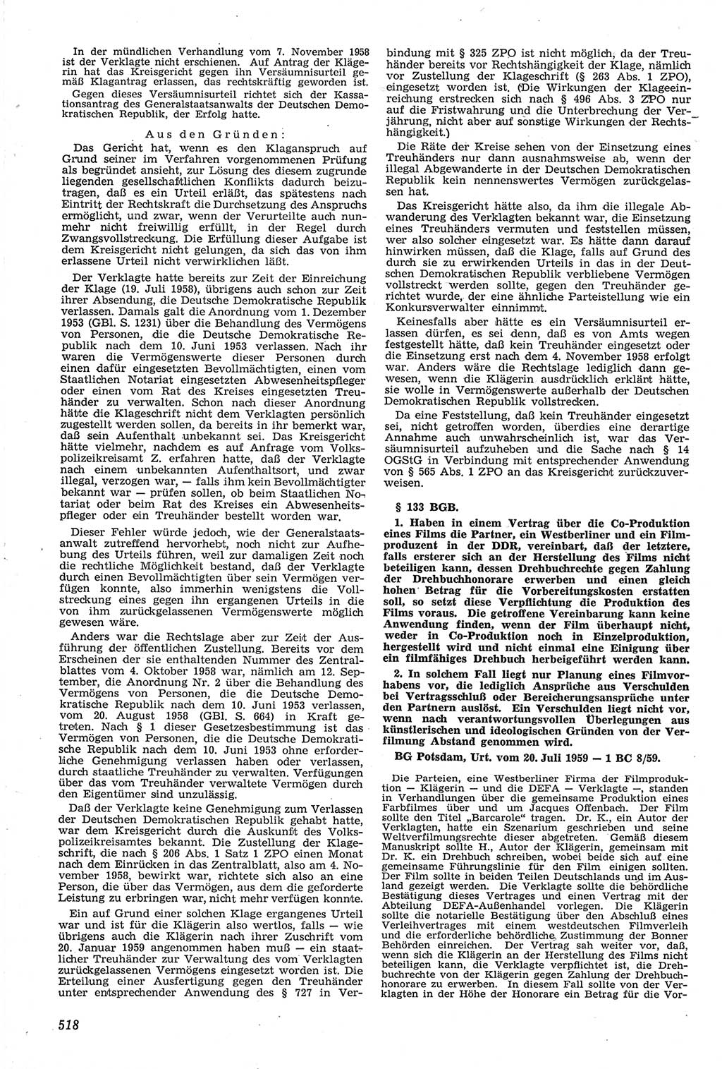 Neue Justiz (NJ), Zeitschrift für Recht und Rechtswissenschaft [Deutsche Demokratische Republik (DDR)], 14. Jahrgang 1960, Seite 518 (NJ DDR 1960, S. 518)