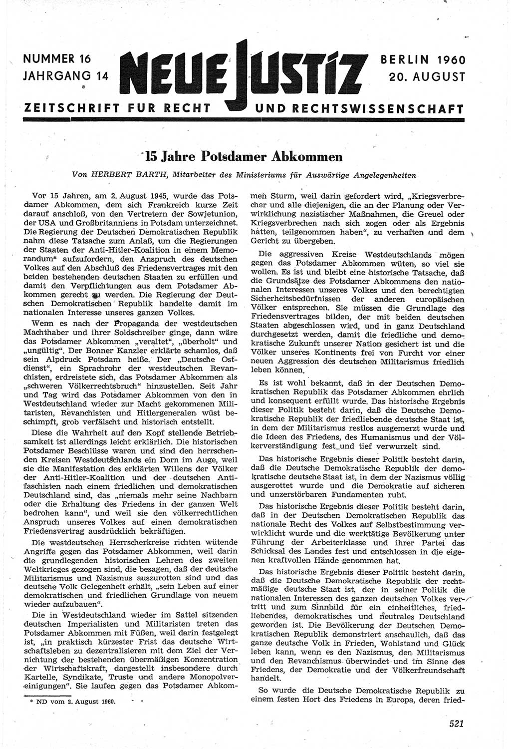 Neue Justiz (NJ), Zeitschrift für Recht und Rechtswissenschaft [Deutsche Demokratische Republik (DDR)], 14. Jahrgang 1960, Seite 521 (NJ DDR 1960, S. 521)