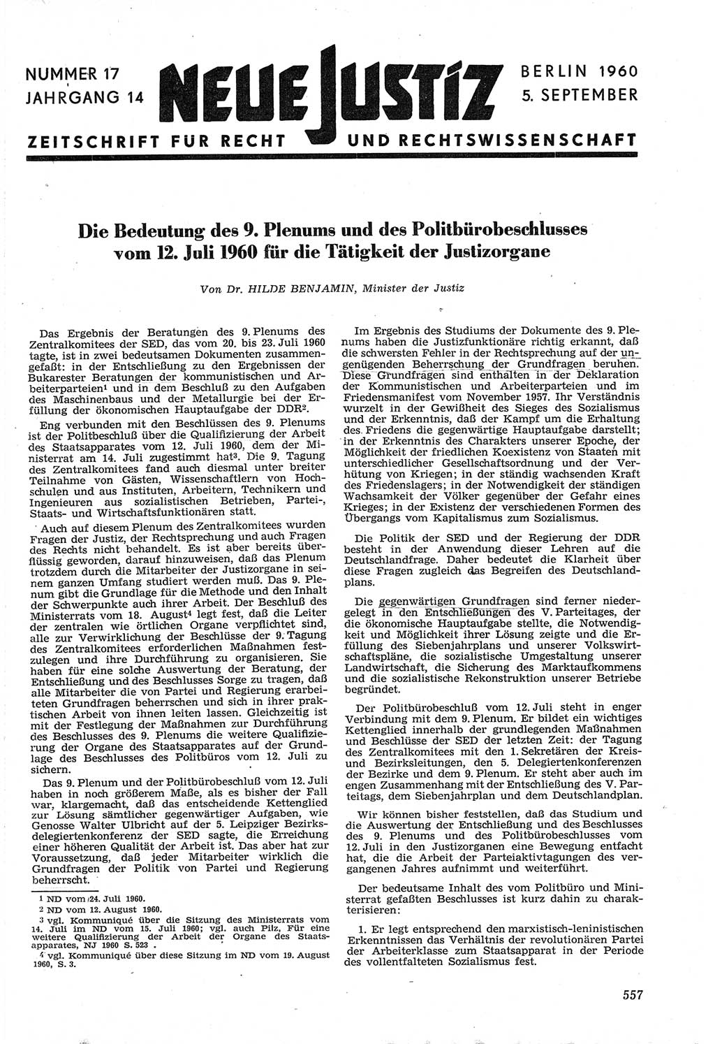 Neue Justiz (NJ), Zeitschrift für Recht und Rechtswissenschaft [Deutsche Demokratische Republik (DDR)], 14. Jahrgang 1960, Seite 557 (NJ DDR 1960, S. 557)