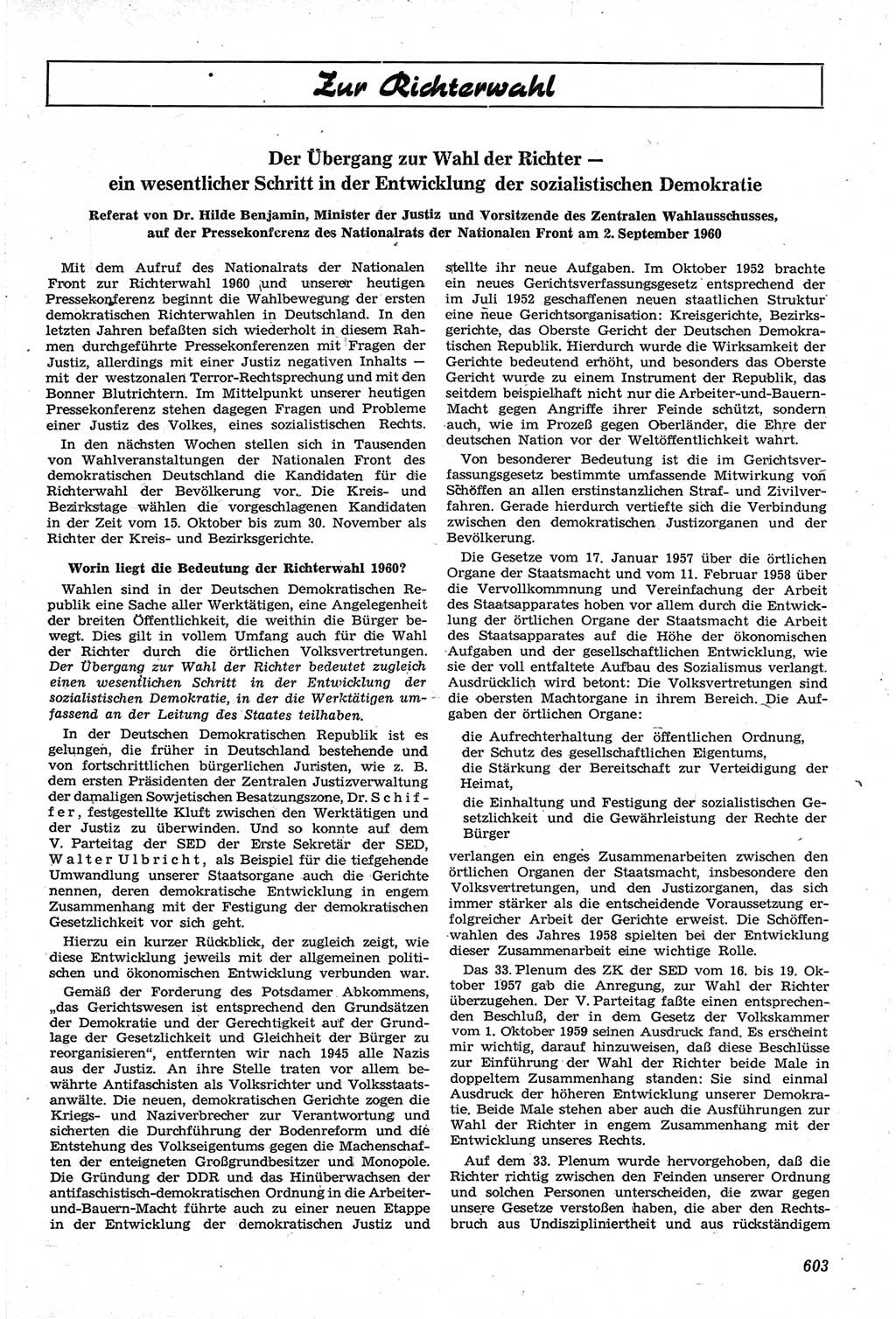 Neue Justiz (NJ), Zeitschrift für Recht und Rechtswissenschaft [Deutsche Demokratische Republik (DDR)], 14. Jahrgang 1960, Seite 603 (NJ DDR 1960, S. 603)