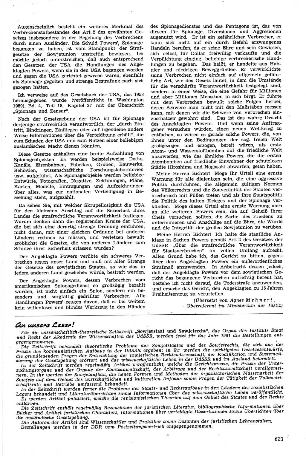 Neue Justiz (NJ), Zeitschrift für Recht und Rechtswissenschaft [Deutsche Demokratische Republik (DDR)], 14. Jahrgang 1960, Seite 623 (NJ DDR 1960, S. 623)