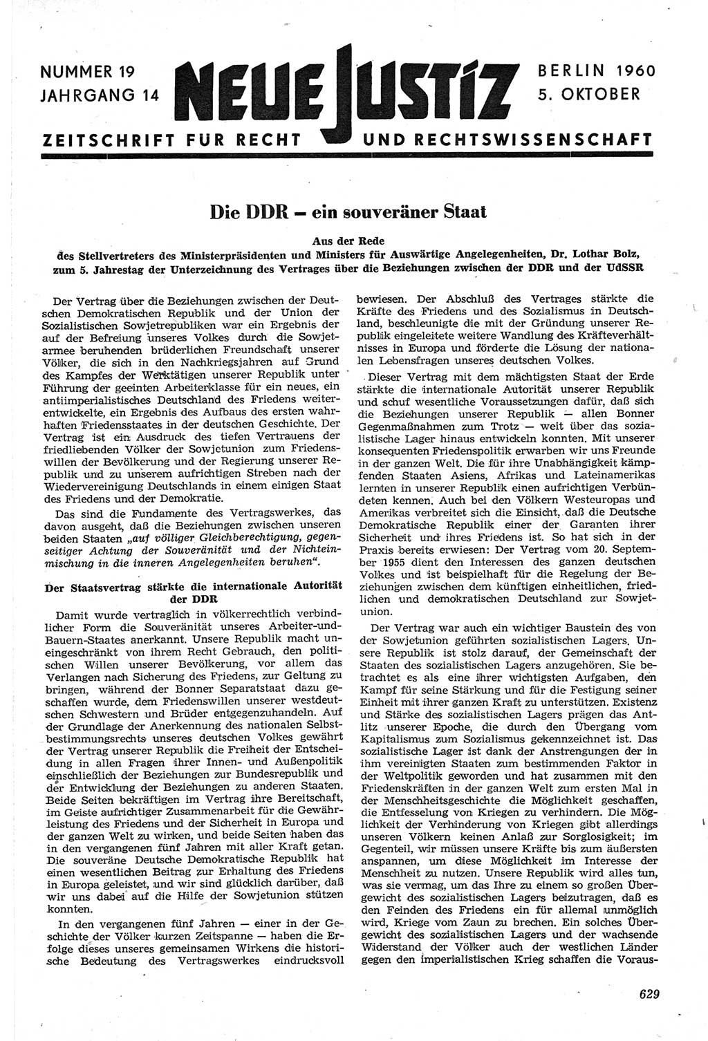 Neue Justiz (NJ), Zeitschrift für Recht und Rechtswissenschaft [Deutsche Demokratische Republik (DDR)], 14. Jahrgang 1960, Seite 629 (NJ DDR 1960, S. 629)