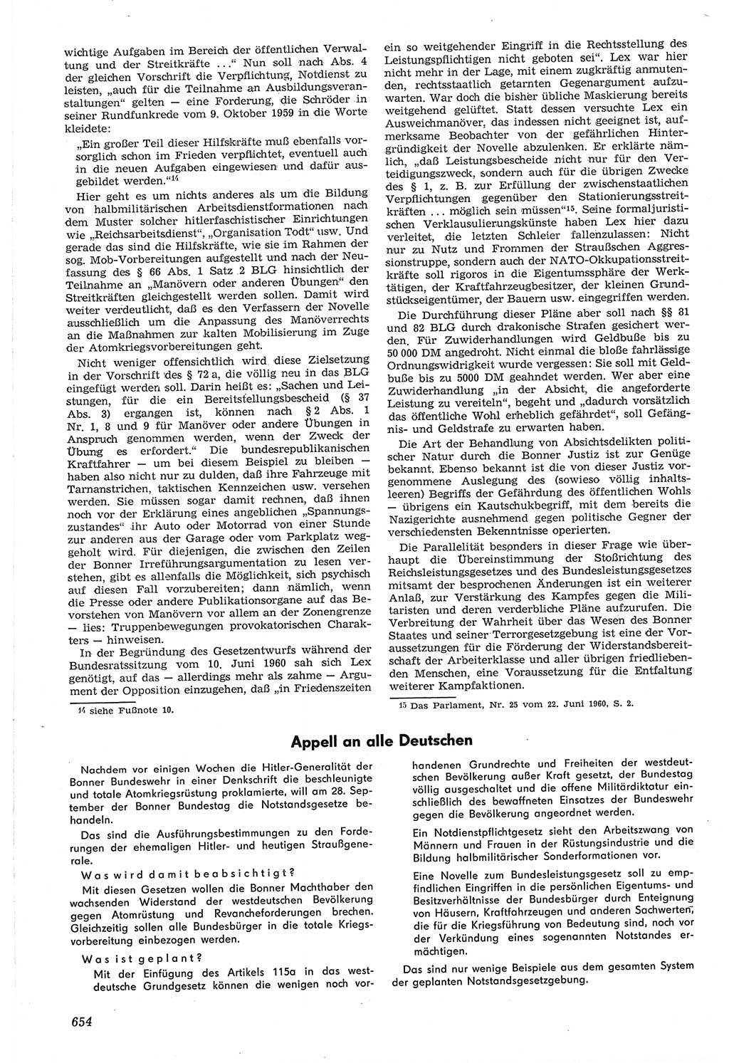 Neue Justiz (NJ), Zeitschrift für Recht und Rechtswissenschaft [Deutsche Demokratische Republik (DDR)], 14. Jahrgang 1960, Seite 654 (NJ DDR 1960, S. 654)