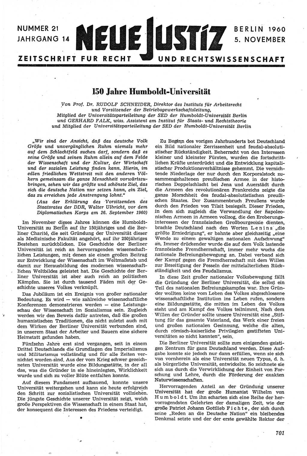 Neue Justiz (NJ), Zeitschrift für Recht und Rechtswissenschaft [Deutsche Demokratische Republik (DDR)], 14. Jahrgang 1960, Seite 701 (NJ DDR 1960, S. 701)