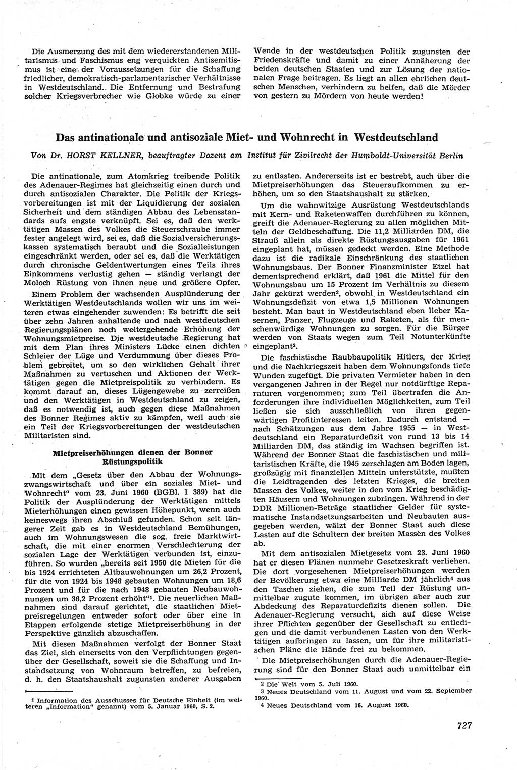 Neue Justiz (NJ), Zeitschrift für Recht und Rechtswissenschaft [Deutsche Demokratische Republik (DDR)], 14. Jahrgang 1960, Seite 727 (NJ DDR 1960, S. 727)