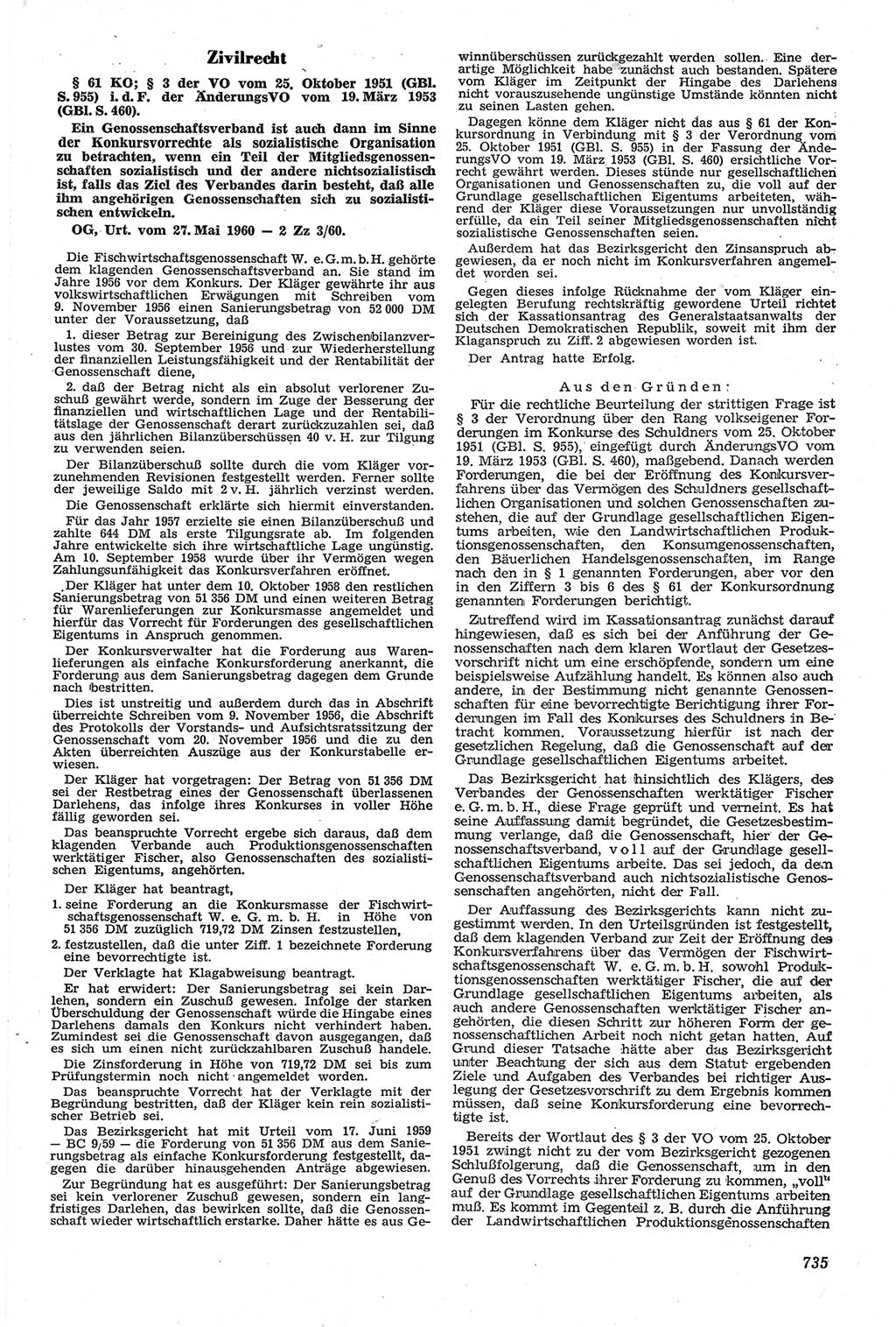 Neue Justiz (NJ), Zeitschrift für Recht und Rechtswissenschaft [Deutsche Demokratische Republik (DDR)], 14. Jahrgang 1960, Seite 735 (NJ DDR 1960, S. 735)