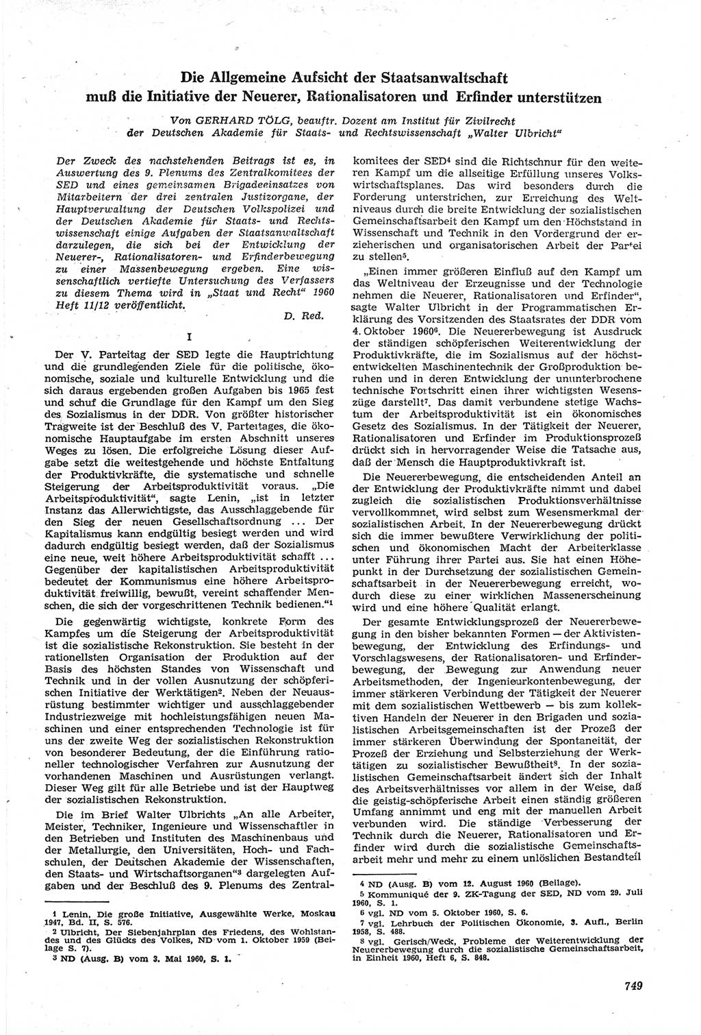 Neue Justiz (NJ), Zeitschrift für Recht und Rechtswissenschaft [Deutsche Demokratische Republik (DDR)], 14. Jahrgang 1960, Seite 749 (NJ DDR 1960, S. 749)