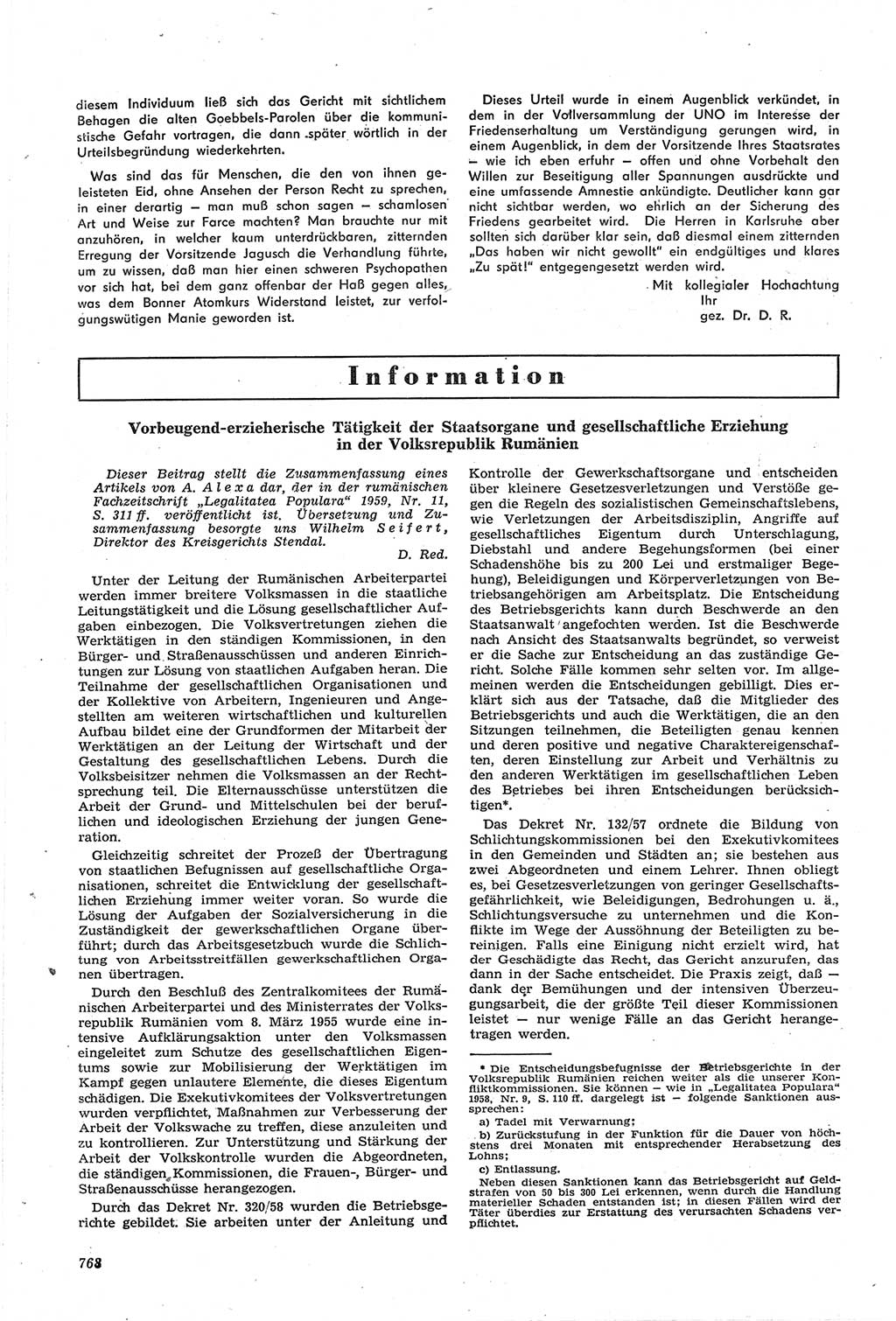Neue Justiz (NJ), Zeitschrift für Recht und Rechtswissenschaft [Deutsche Demokratische Republik (DDR)], 14. Jahrgang 1960, Seite 768 (NJ DDR 1960, S. 768)
