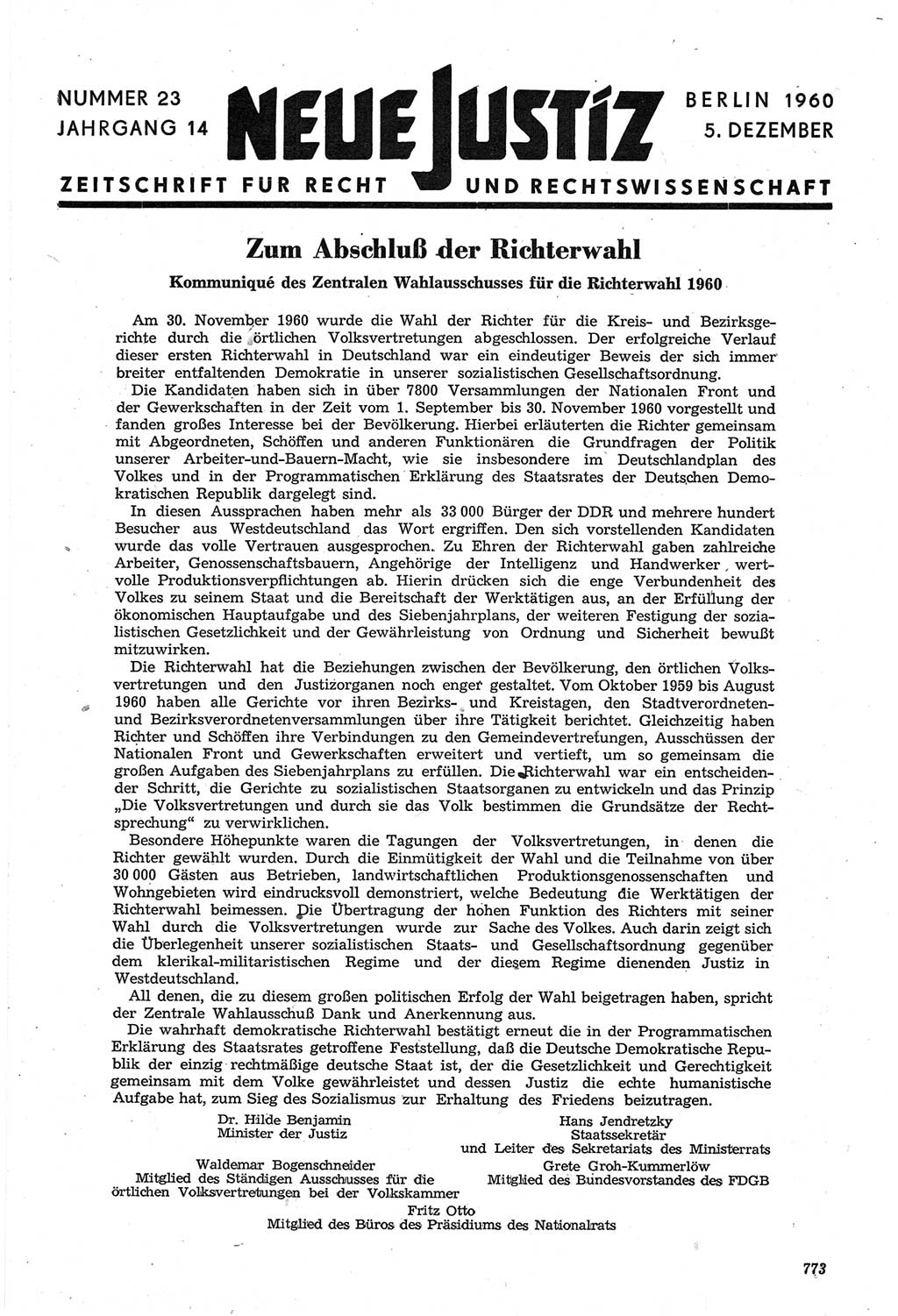 Neue Justiz (NJ), Zeitschrift für Recht und Rechtswissenschaft [Deutsche Demokratische Republik (DDR)], 14. Jahrgang 1960, Seite 773 (NJ DDR 1960, S. 773)