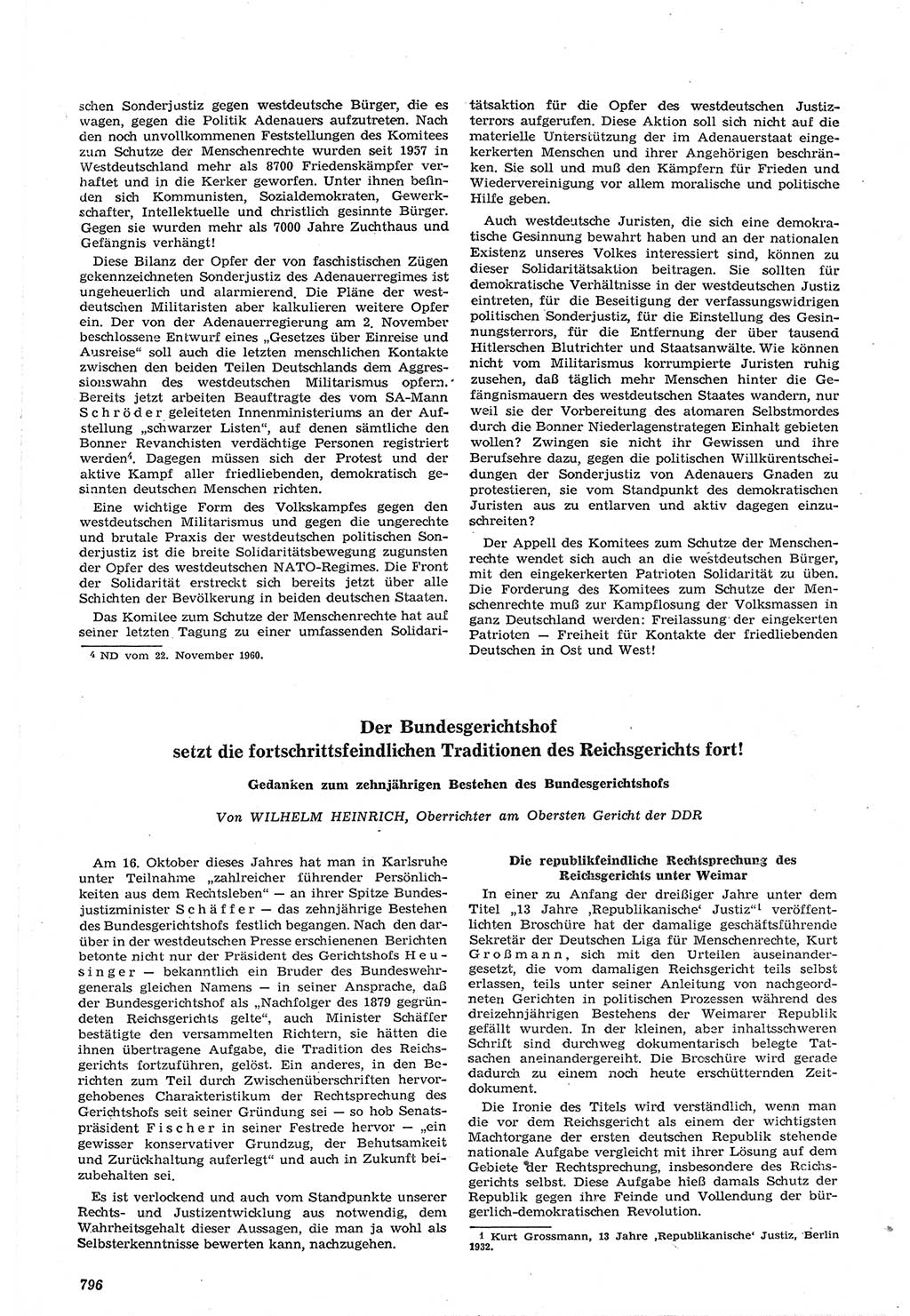 Neue Justiz (NJ), Zeitschrift für Recht und Rechtswissenschaft [Deutsche Demokratische Republik (DDR)], 14. Jahrgang 1960, Seite 796 (NJ DDR 1960, S. 796)