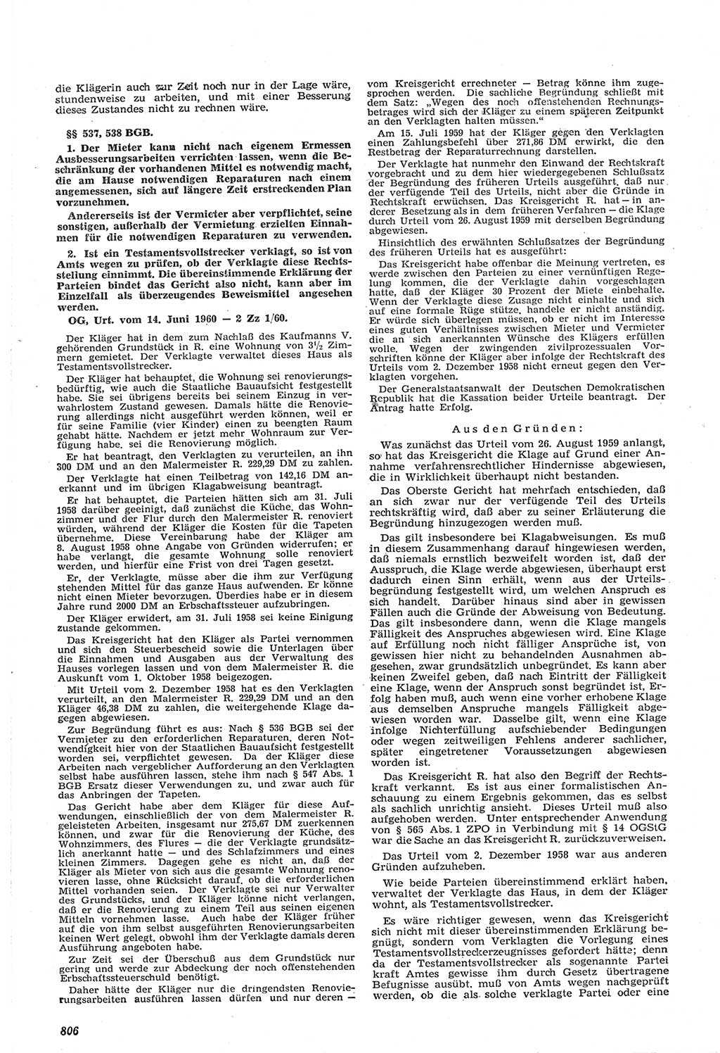 Neue Justiz (NJ), Zeitschrift für Recht und Rechtswissenschaft [Deutsche Demokratische Republik (DDR)], 14. Jahrgang 1960, Seite 806 (NJ DDR 1960, S. 806)