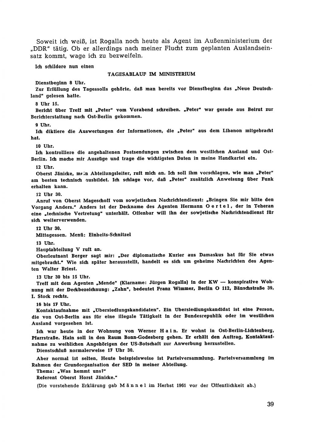Berlin-Lichtenberg Normannenstraße 22, Agentenzentrale SSD [Staatssicherheitsdienst Deutsche Demokratische Republik (DDR)] 1961, Seite 39 (SSD DDR UfJ BRD 1961, S. 39)