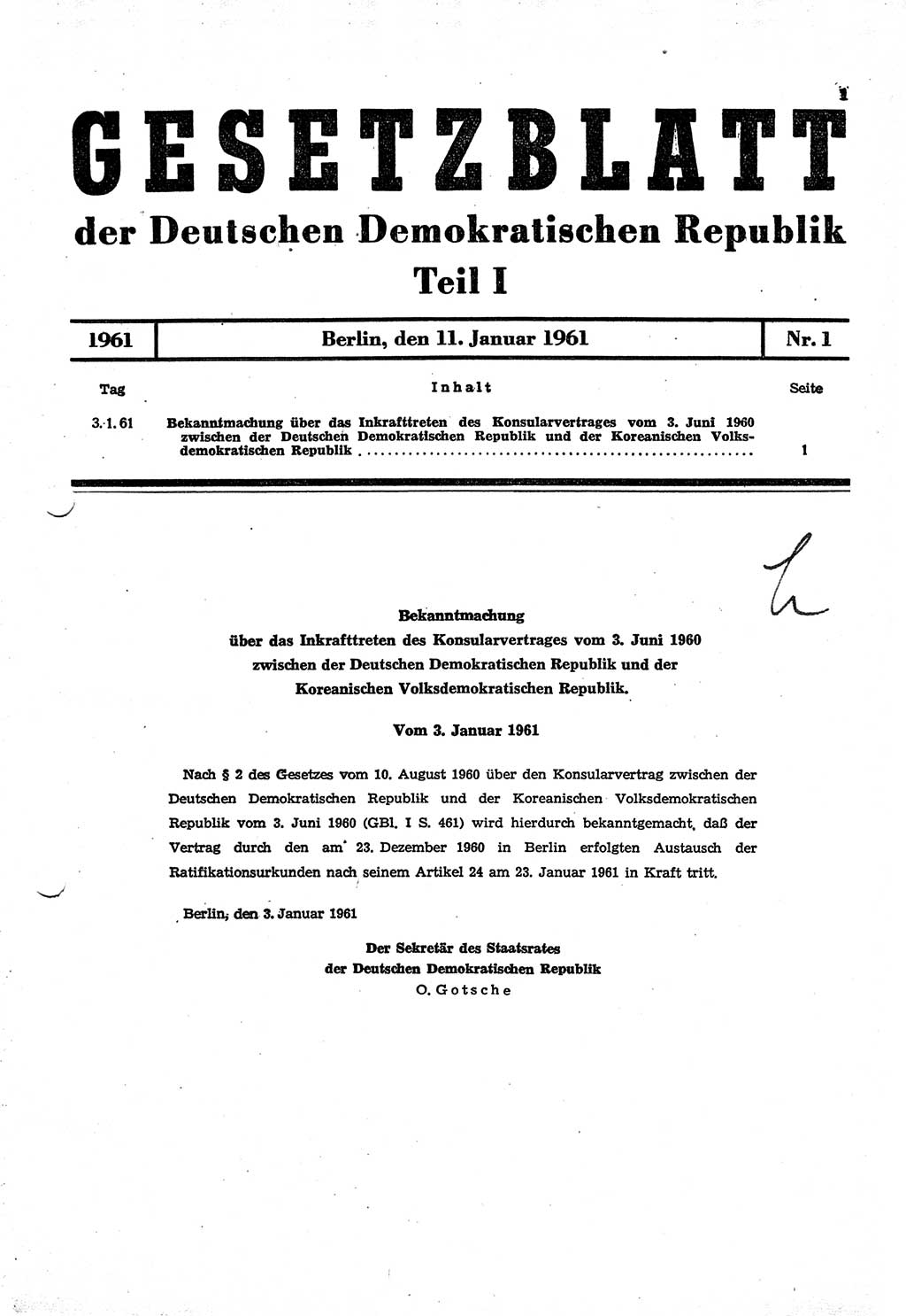 Gesetzblatt (GBl.) der Deutschen Demokratischen Republik (DDR) Teil Ⅰ 1961, Seite 1 (GBl. DDR Ⅰ 1961, S. 1)