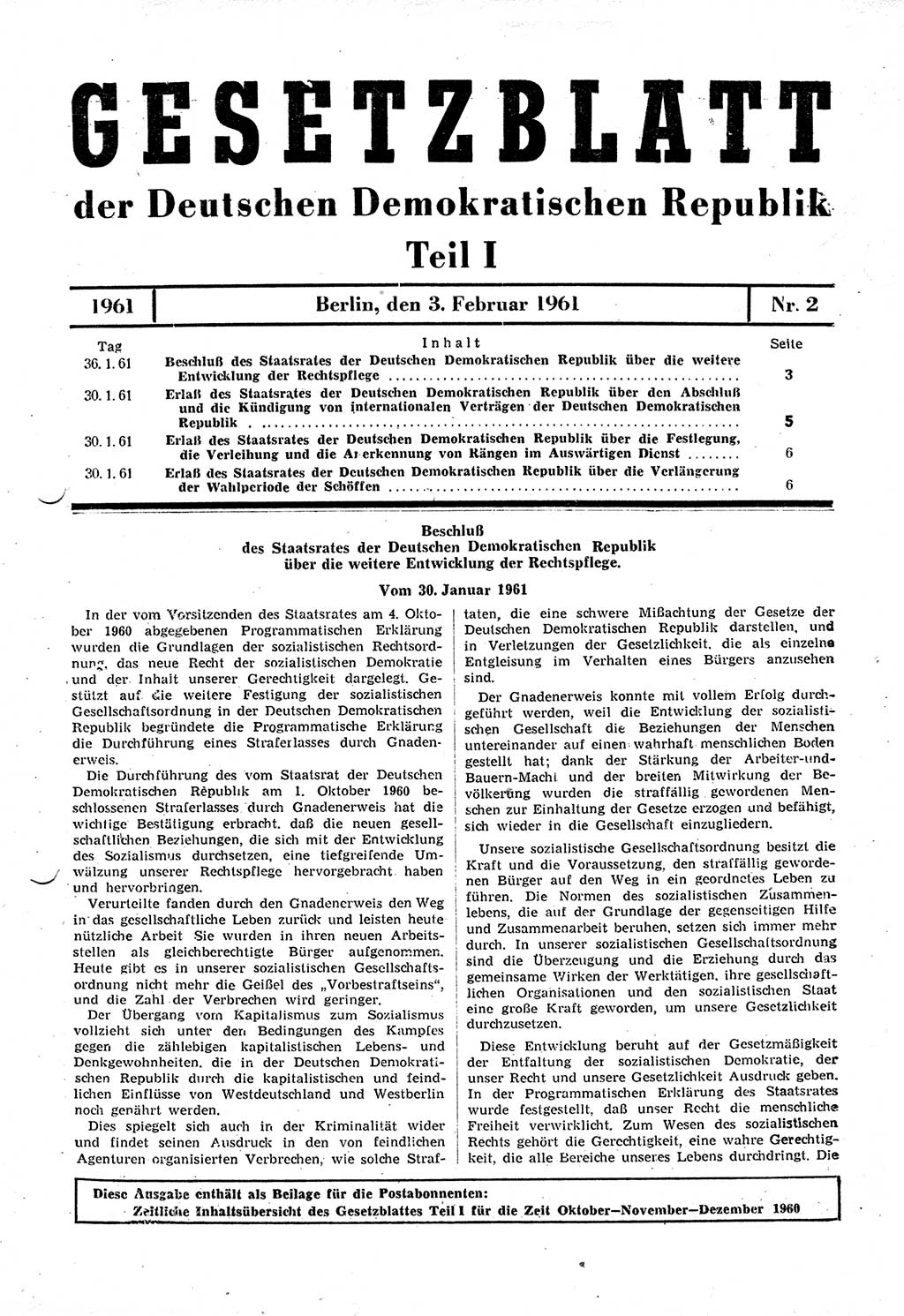 Gesetzblatt (GBl.) der Deutschen Demokratischen Republik (DDR) Teil Ⅰ 1961, Seite 3 (GBl. DDR Ⅰ 1961, S. 3)
