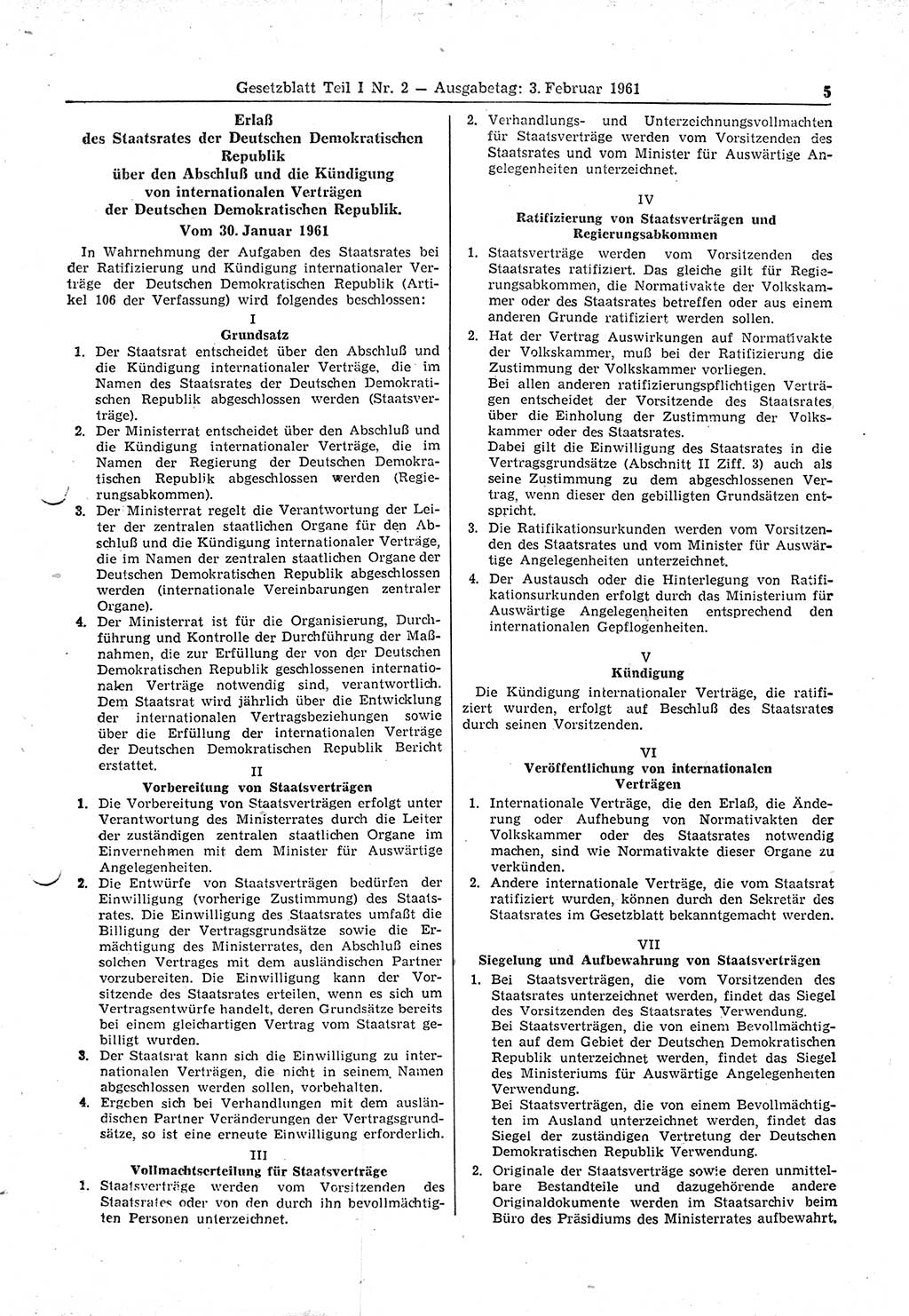 Gesetzblatt (GBl.) der Deutschen Demokratischen Republik (DDR) Teil Ⅰ 1961, Seite 5 (GBl. DDR Ⅰ 1961, S. 5)