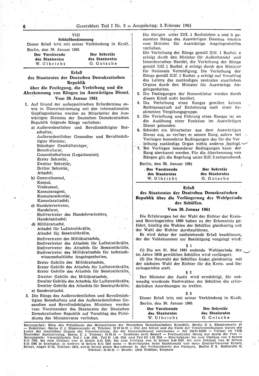 Gesetzblatt (GBl.) der Deutschen Demokratischen Republik (DDR) Teil Ⅰ 1961, Seite 6 (GBl. DDR Ⅰ 1961, S. 6)