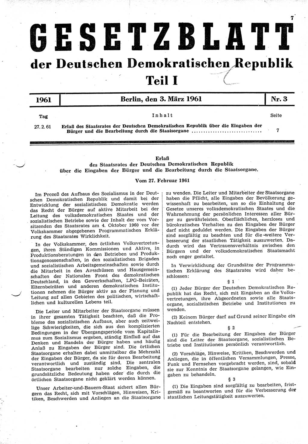 Gesetzblatt (GBl.) der Deutschen Demokratischen Republik (DDR) Teil Ⅰ 1961, Seite 7 (GBl. DDR Ⅰ 1961, S. 7)