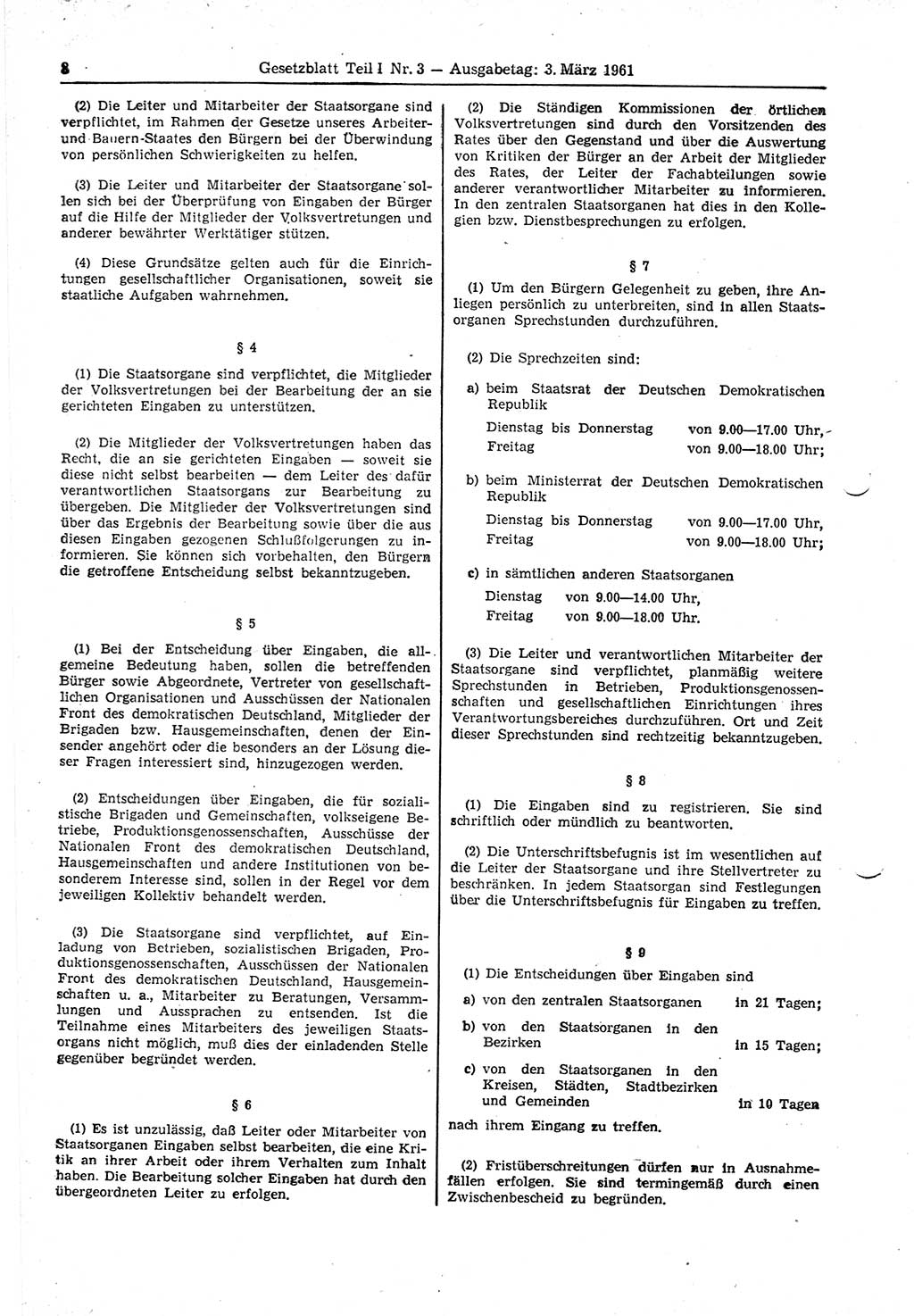 Gesetzblatt (GBl.) der Deutschen Demokratischen Republik (DDR) Teil Ⅰ 1961, Seite 8 (GBl. DDR Ⅰ 1961, S. 8)