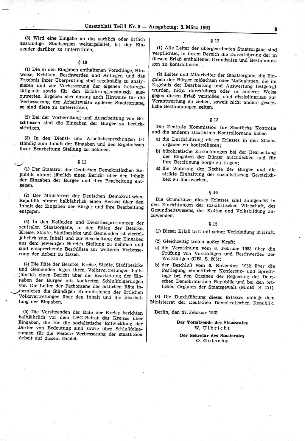 Gesetzblatt (GBl.) der Deutschen Demokratischen Republik (DDR) Teil Ⅰ 1961, Seite 9 (GBl. DDR Ⅰ 1961, S. 9)