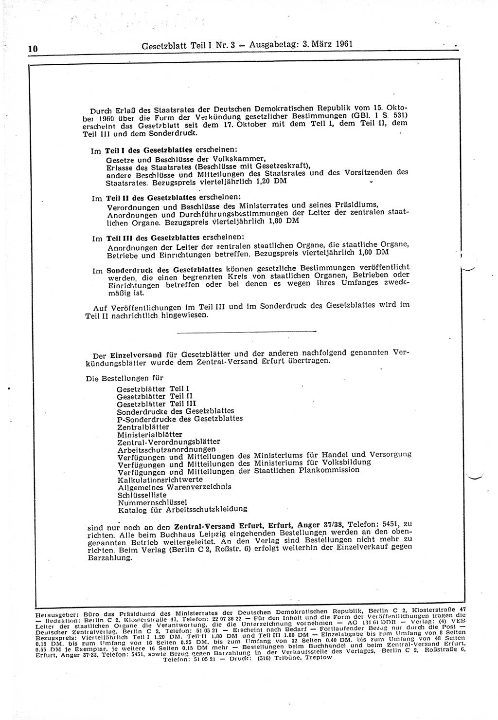 Gesetzblatt (GBl.) der Deutschen Demokratischen Republik (DDR) Teil Ⅰ 1961, Seite 10 (GBl. DDR Ⅰ 1961, S. 10)