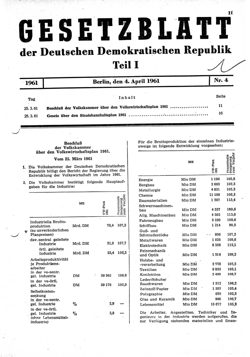 Gesetzblatt (GBl.) der Deutschen Demokratischen Republik (DDR) Teil Ⅰ 1961, Seite 11 (GBl. DDR Ⅰ 1961, S. 11)