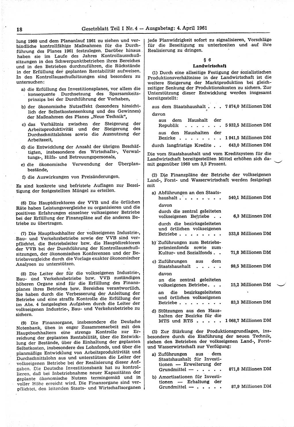 Gesetzblatt (GBl.) der Deutschen Demokratischen Republik (DDR) Teil Ⅰ 1961, Seite 18 (GBl. DDR Ⅰ 1961, S. 18)