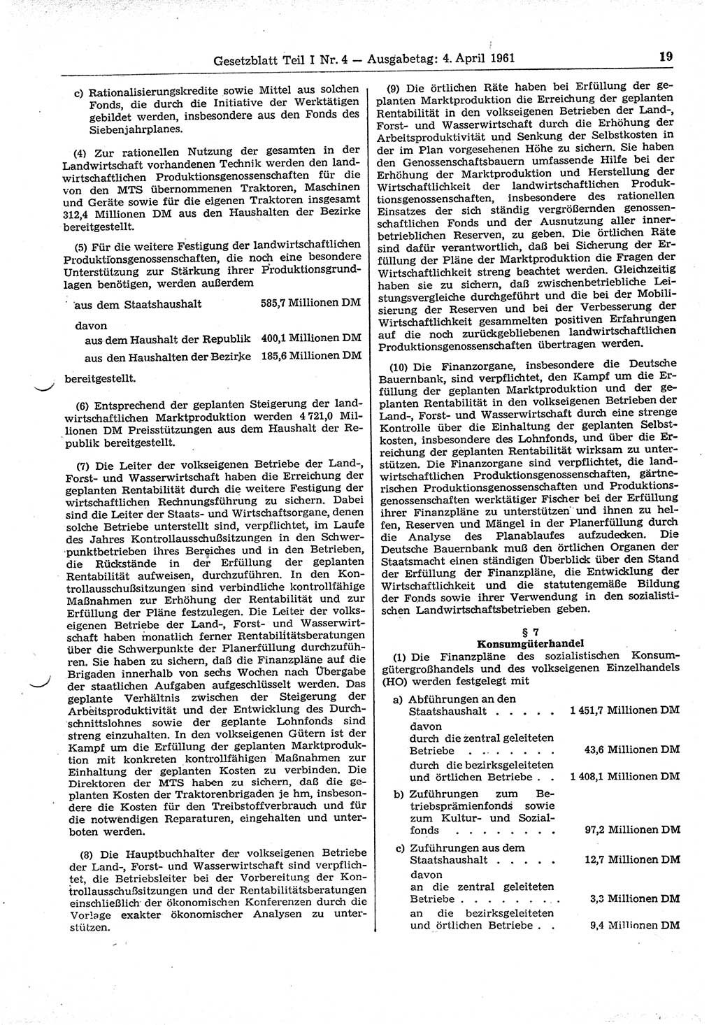 Gesetzblatt (GBl.) der Deutschen Demokratischen Republik (DDR) Teil Ⅰ 1961, Seite 19 (GBl. DDR Ⅰ 1961, S. 19)