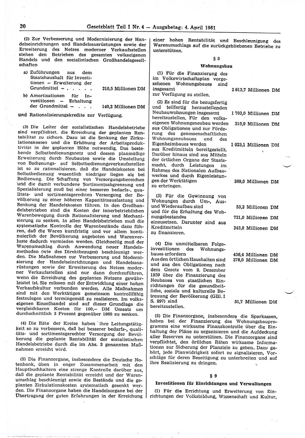Gesetzblatt (GBl.) der Deutschen Demokratischen Republik (DDR) Teil Ⅰ 1961, Seite 20 (GBl. DDR Ⅰ 1961, S. 20)