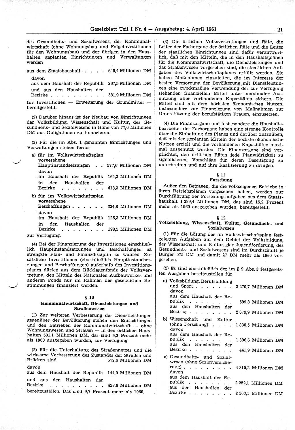 Gesetzblatt (GBl.) der Deutschen Demokratischen Republik (DDR) Teil Ⅰ 1961, Seite 21 (GBl. DDR Ⅰ 1961, S. 21)