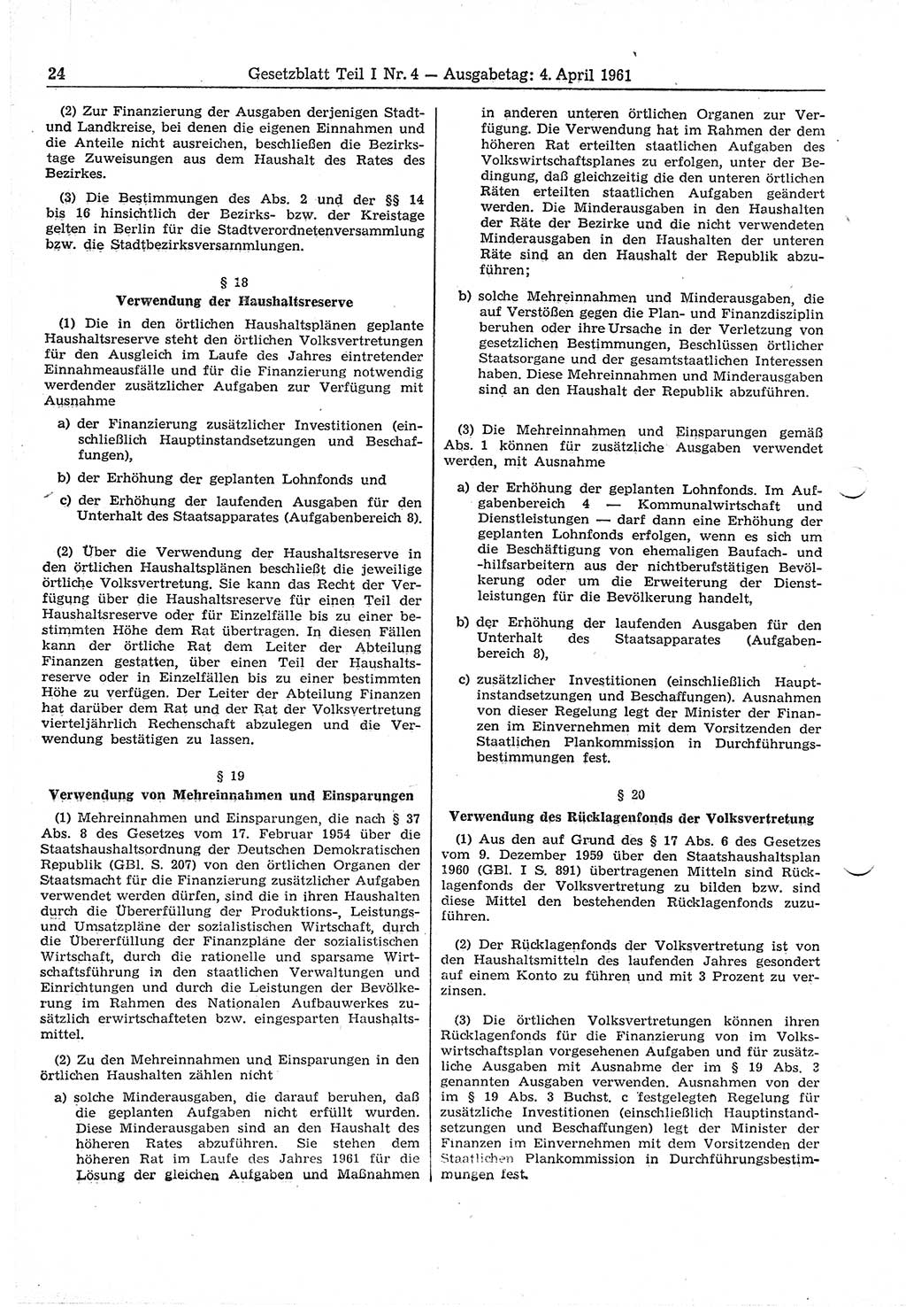 Gesetzblatt (GBl.) der Deutschen Demokratischen Republik (DDR) Teil Ⅰ 1961, Seite 24 (GBl. DDR Ⅰ 1961, S. 24)
