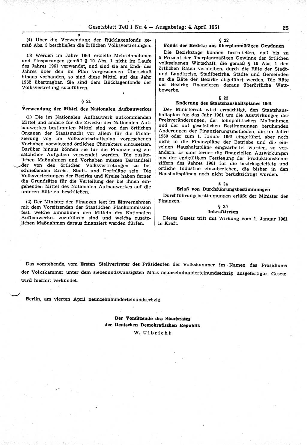 Gesetzblatt (GBl.) der Deutschen Demokratischen Republik (DDR) Teil Ⅰ 1961, Seite 25 (GBl. DDR Ⅰ 1961, S. 25)