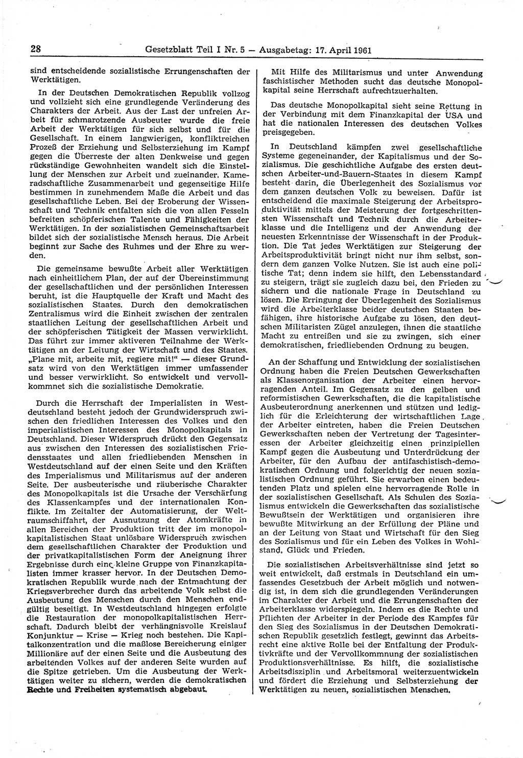 Gesetzblatt (GBl.) der Deutschen Demokratischen Republik (DDR) Teil Ⅰ 1961, Seite 28 (GBl. DDR Ⅰ 1961, S. 28)