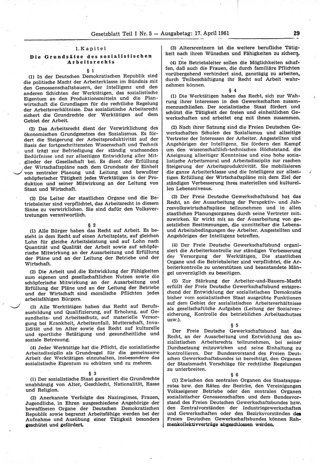 Gesetzblatt (GBl.) der Deutschen Demokratischen Republik (DDR) Teil Ⅰ 1961, Seite 29 (GBl. DDR Ⅰ 1961, S. 29)