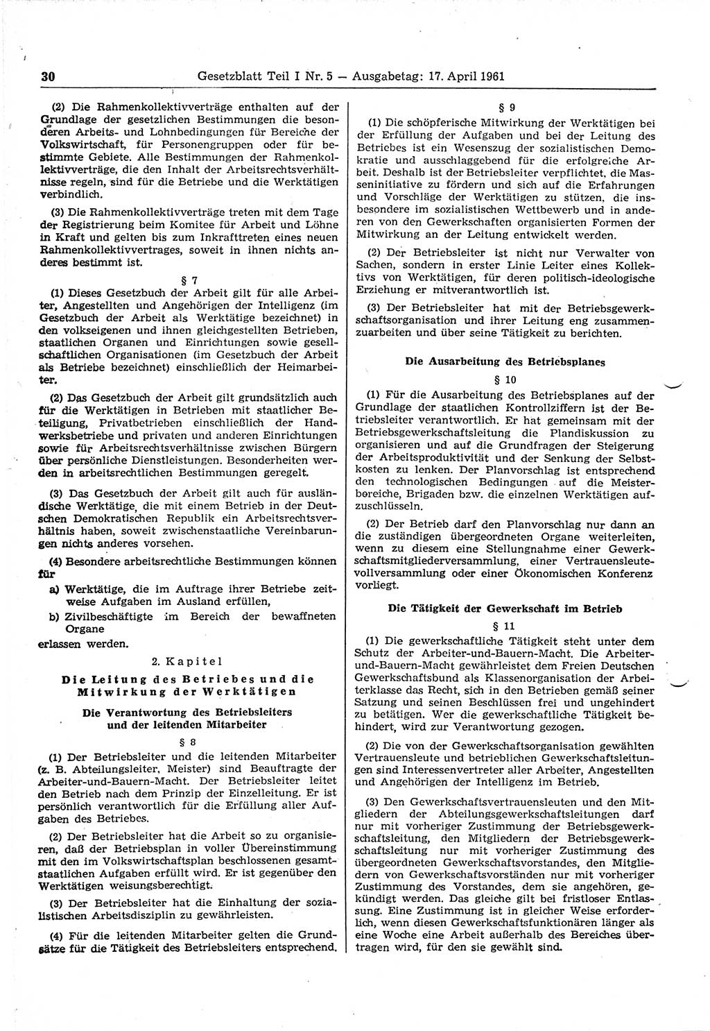 Gesetzblatt (GBl.) der Deutschen Demokratischen Republik (DDR) Teil Ⅰ 1961, Seite 30 (GBl. DDR Ⅰ 1961, S. 30)