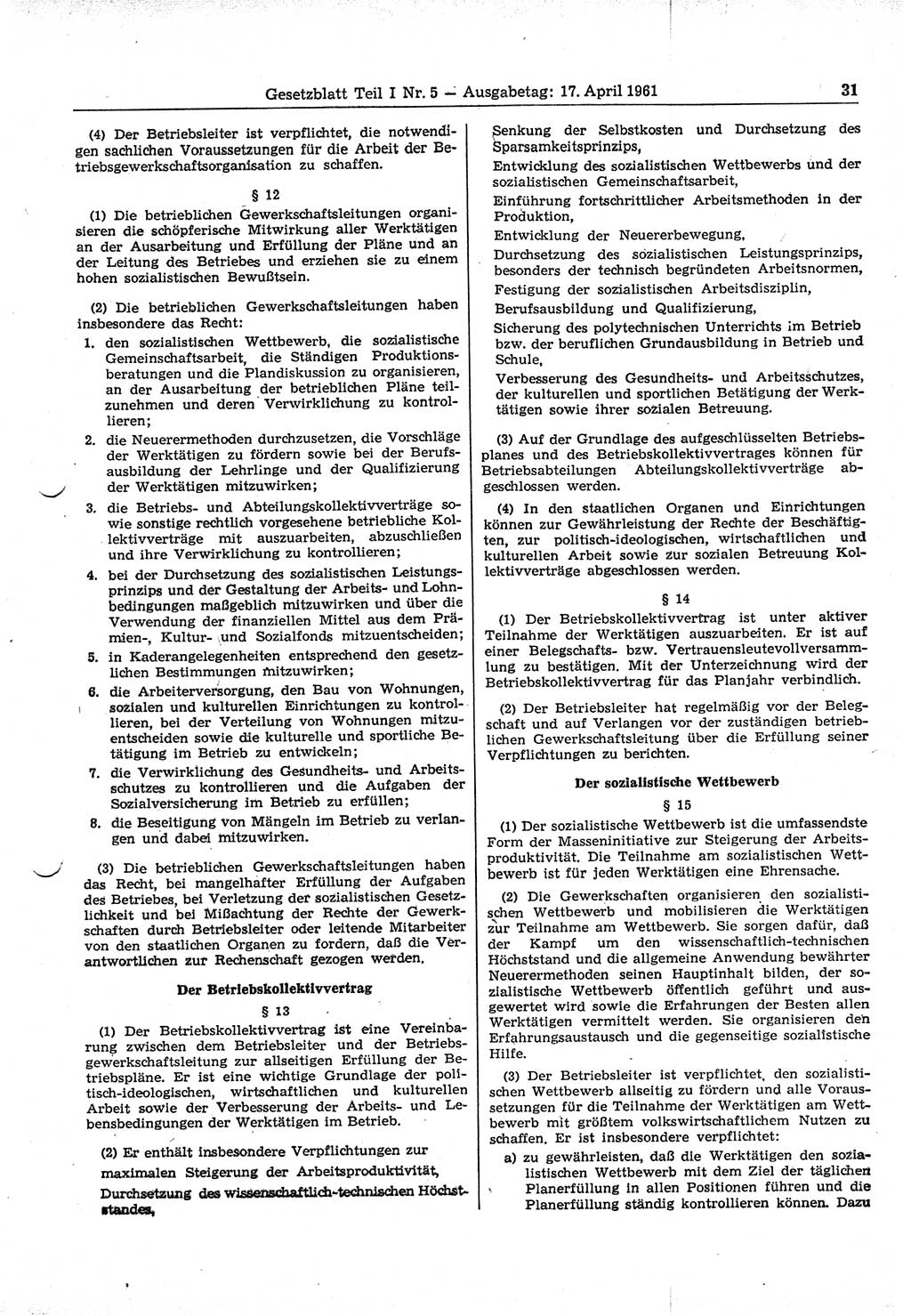 Gesetzblatt (GBl.) der Deutschen Demokratischen Republik (DDR) Teil Ⅰ 1961, Seite 31 (GBl. DDR Ⅰ 1961, S. 31)